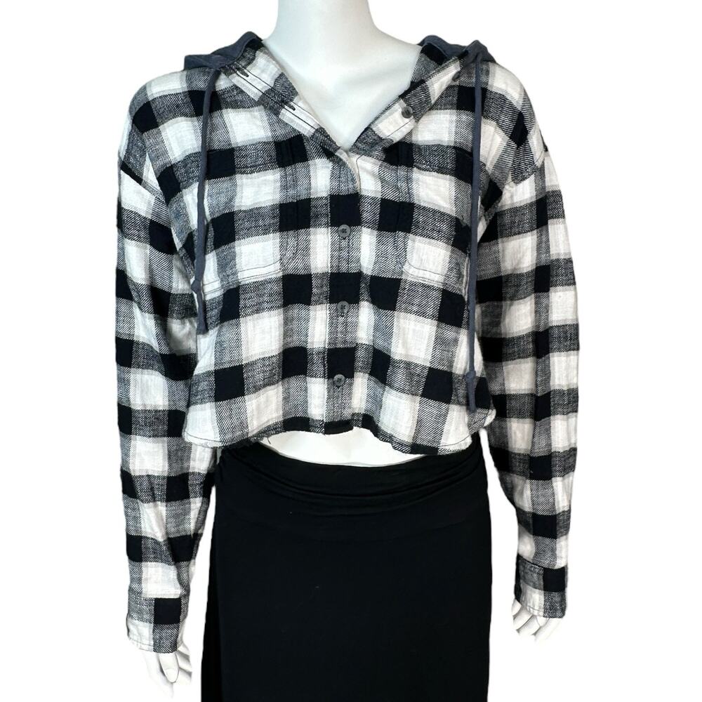 American Eagle Plaid Flannel Shirt Top Hoodie Womens Size Small Cropped